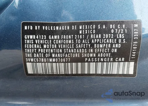 2021 Volkswagen Jetta 1.4T R-Line/1.4T S/1.4T Se z USA, uszkodzony, nr VIN 3VWC57BU1MM070677